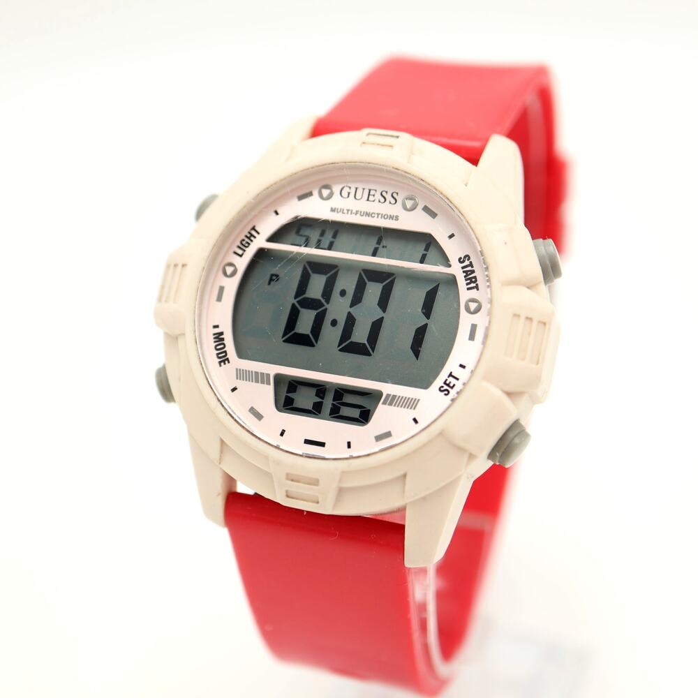 Guess 43mm Digital Alarm Chrono Watch Unisex Red Silicone Strap w New Battery